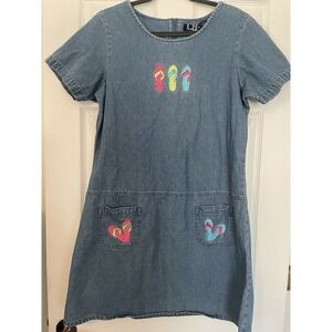 CB Casual Dress Womens Large Petite Blue Denim Beach Sandels Embroidered Vtg